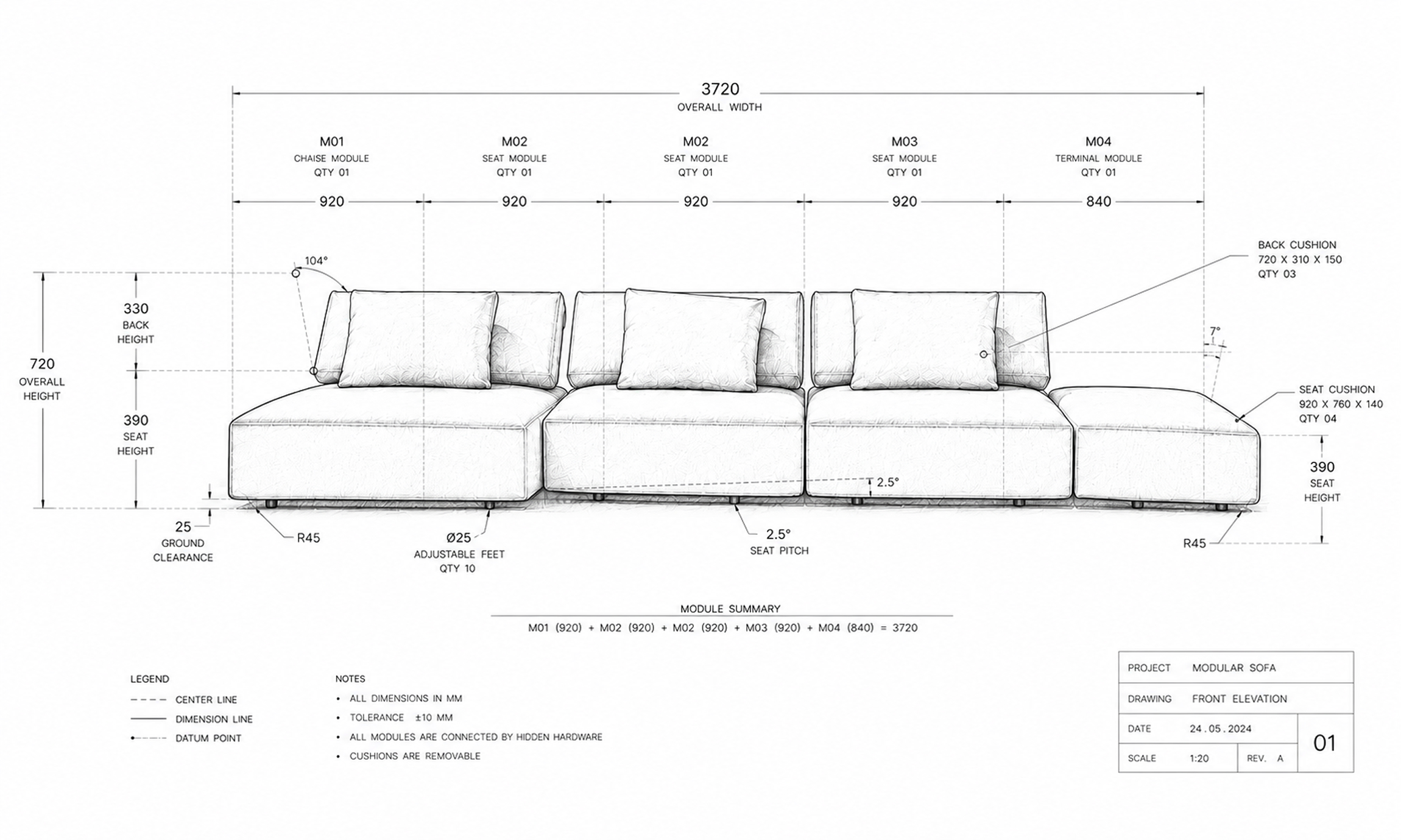 Couch concept shown as a hand-drawn design sketch